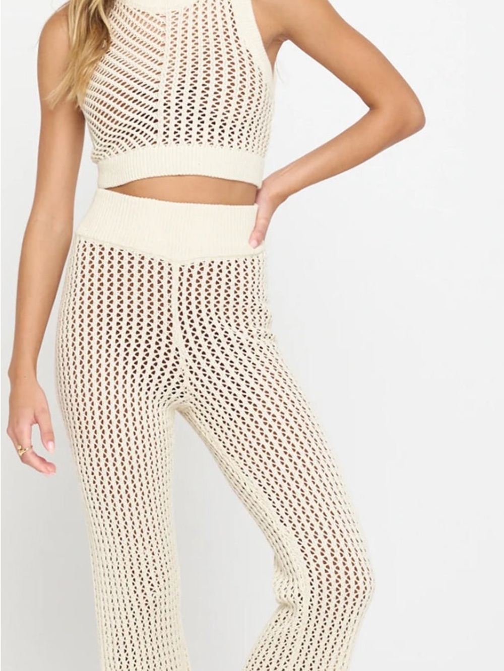 Spiritual Gangster Set - Cream Crochet Top and Wide-Leg Knit Pants